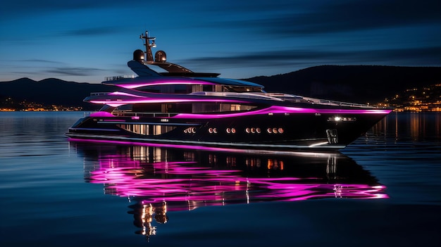 Photo twilight serenity sur l'eau yacht de luxe avec des lumières au néon rayonnantes reflète le calme de l'océan