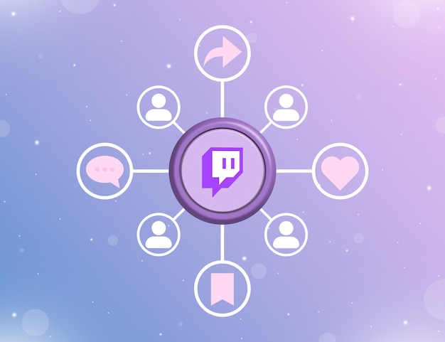 Twitch logo des médias sociaux sur un bouton rond avec des types d'activités sociales et des icônes d'utilisateur 3d
