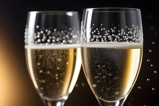 Photo two elegant champagne glasses with golden bubbles isolated on a black background up close