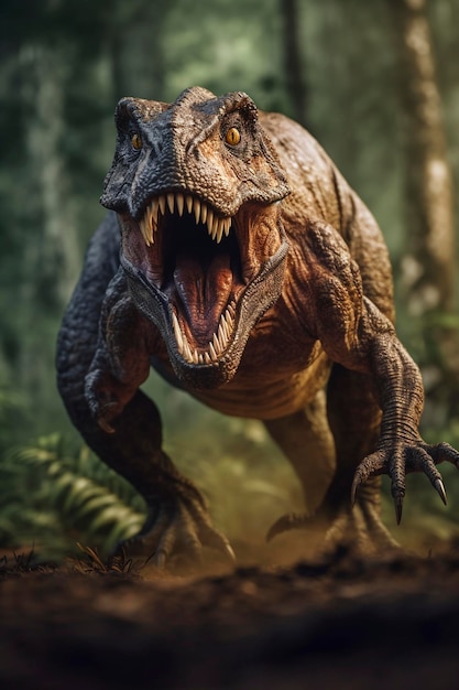 Le Tyannosaurus rex rugissant, un dinosaure qui court vers une IA générative.