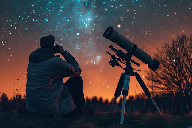 Photo un type assis dehors et regardant à travers un grand télescope le ciel nocturne plein d'étoiles ai générative