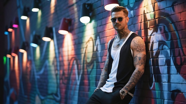 Un type caucasien élégant avec des tatouages cool et des lunettes de soleil s'appuyant sur le mur avec des lumières
