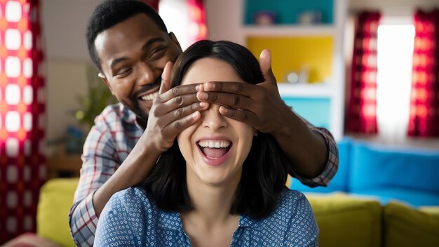 Un type couvrant les yeux d'une femme pour la surprendre.