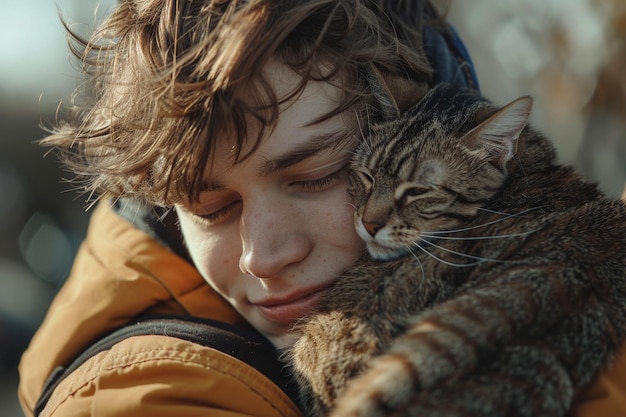 Un type dans une veste jaune embrasse et caresse son chat IA générative