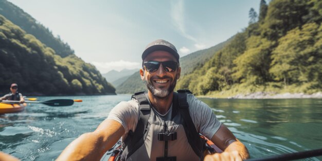 Un type descend une rivière de montagne dans un kayak.