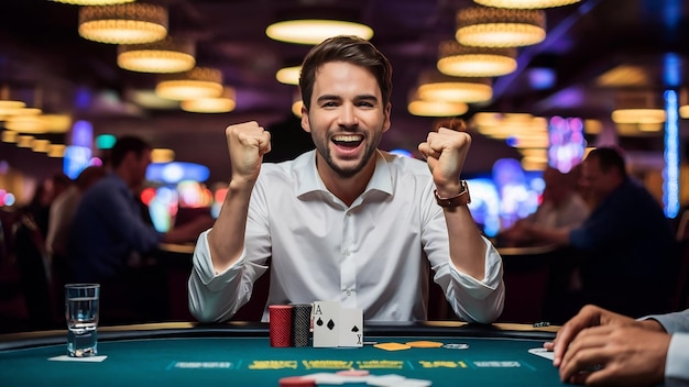 Photo un type heureux et émotionnel en chemise blanche joue au poker assis à la table du casino.