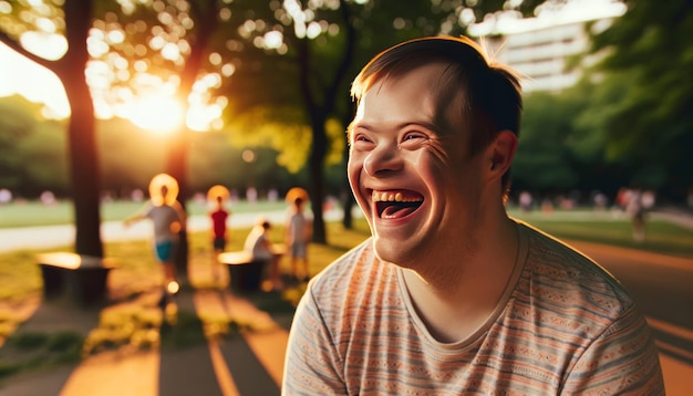 Photo un type heureux avec le syndrome de down souriant à un groupe d'enfants répandant de la joie et de l'amour partout