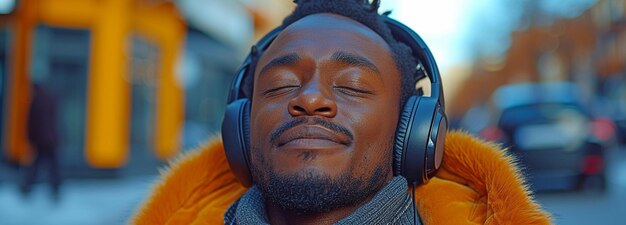 Un type noir avec des écouteurs et qui danse au son de la musique.