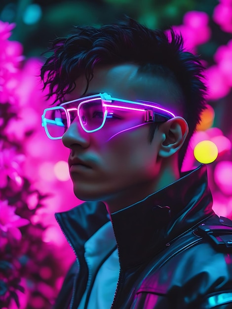 Un type porte des lunettes dans le style cyberpunk