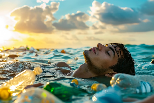 Un type avec les yeux fermés est allongé dans la mer entouré de bouteilles en plastique une bannière comme symbole.