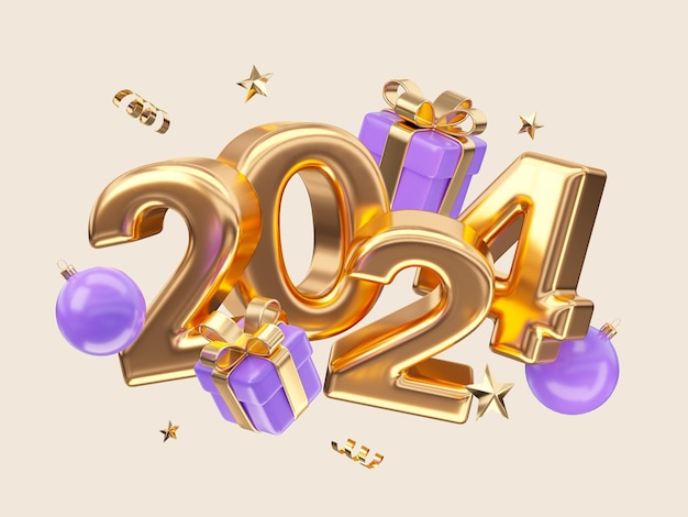 Typographie du Nouvel An 2024 avec coffrets cadeaux et éléments de décor rendu 3d