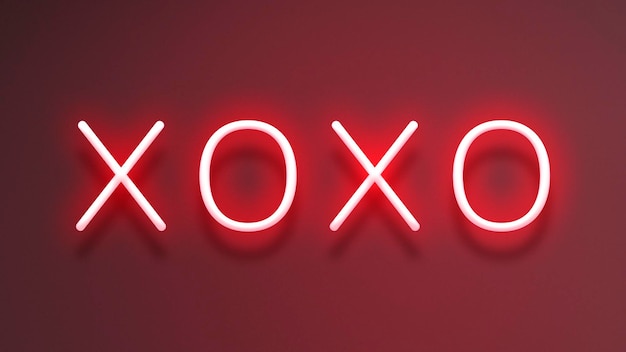 Typographie lumineuse au néon XOXO sur fond rouge