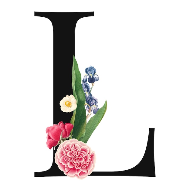 Typographie en L majuscule décorée de fleurs