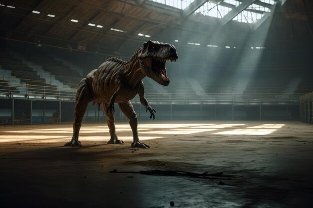 Tyrannosaurus Rex debout dans un stade de sport désert AI générative