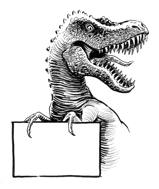 Tyrannosaurus Rex avec une feuille de papier vierge. Dessin noir et blanc à l'encre