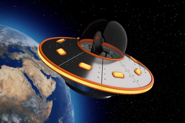 Ufo de dessin animé de vaisseau spatial mignon en gros plan extrême de l'espace ouvert. Rendu 3D