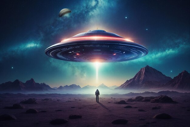 Un UFO extraterrestre avec des symboles de recherche galactique réalistes