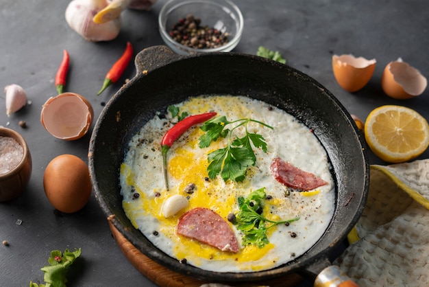 Œufs brouillés épicés ou une omelette dans une poêle avec du bacon, de l&#39;ail et du poivre, des ingrédients autour des tables