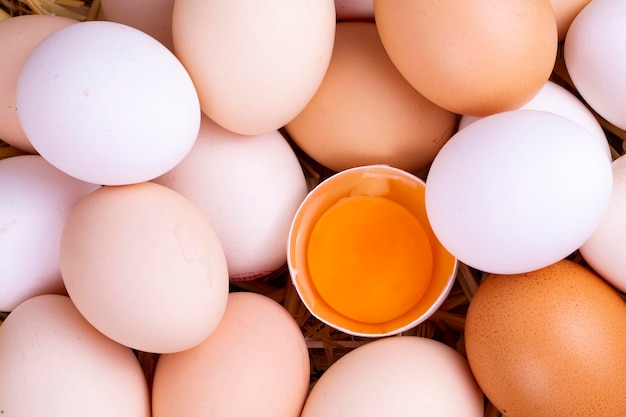 Œufs crus dans de la paille sèche. Photo de concept alimentaire.