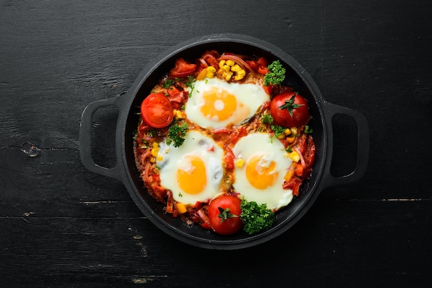 Œufs frits avec légumes tomates paprika poivrons oignons Légumes Shakshuka dans une casserole Vue de dessus Espace libre pour votre texte