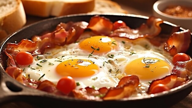 Œufs frits avec petit-déjeuner au bacon AI généré