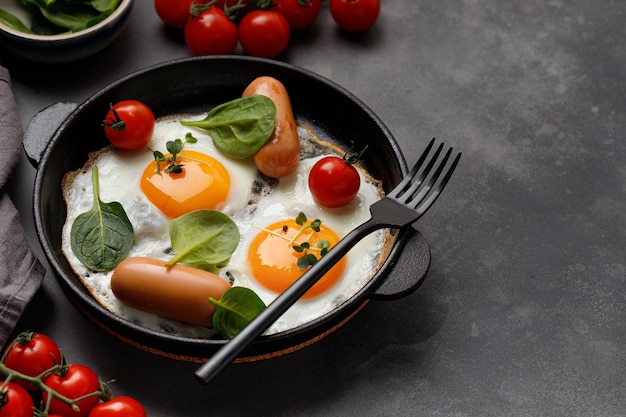 Œufs frits avec des saucisses d'épinards aux tomates cerises dans une casserole noire vue de dessus fond sombre