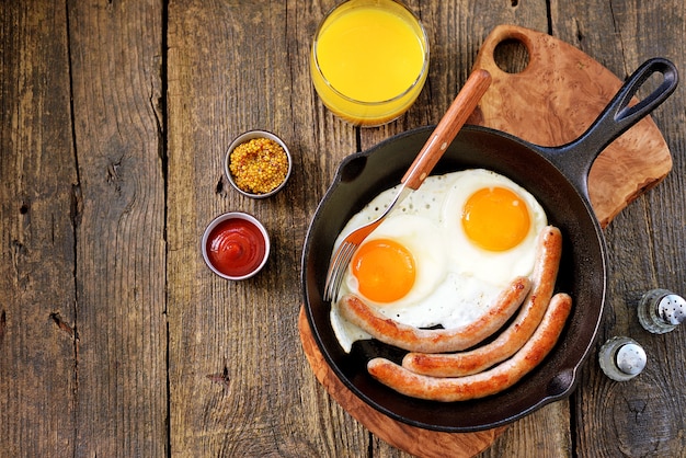 Œufs frits et saucisses fines dans une poêle en fonte