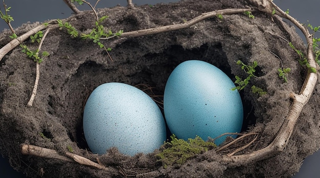 Œufs de Pâques dans un nid naturel avec des œufs d'oiseaux sur fond noir, vue du dessus et horizontale