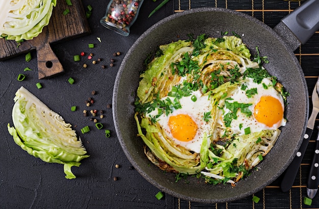 Œufs sur le plat avec des tranches de jeune chou et de verdure. Petit déjeuner nutritif.