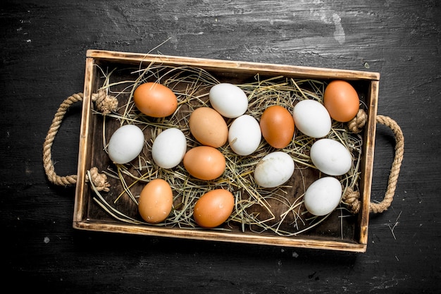 Œufs de poule sur un plateau en bois. Sur le tableau noir.