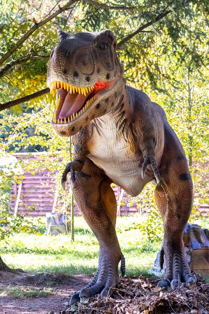 Ukraine, Khmelnitsky, octobre 2021. Modèle de dinosaure dans le parc. Tyrannosaure géant lors d'une exposition dans le parc par une journée ensoleillée d'été