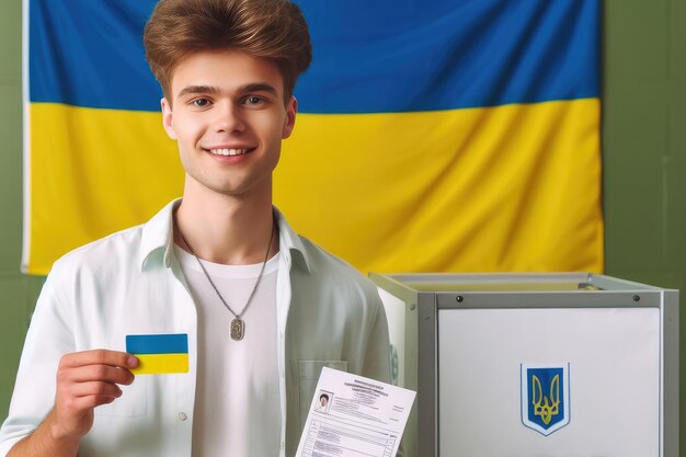 Photo un ukrainien tient une carte jaune et bleue et sourit.