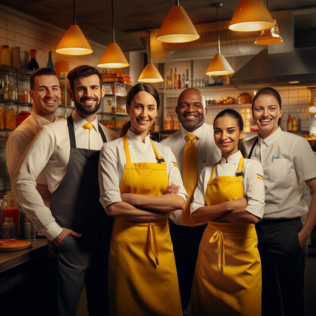 L'Ultimate Dream Team Une capture hyperréaliste du salon du restaurant et du personnel de cuisine rayonnant