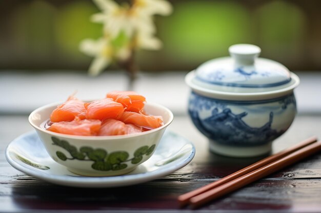 Photo umeboshi dans un plat de porcelaine avec du thé vert