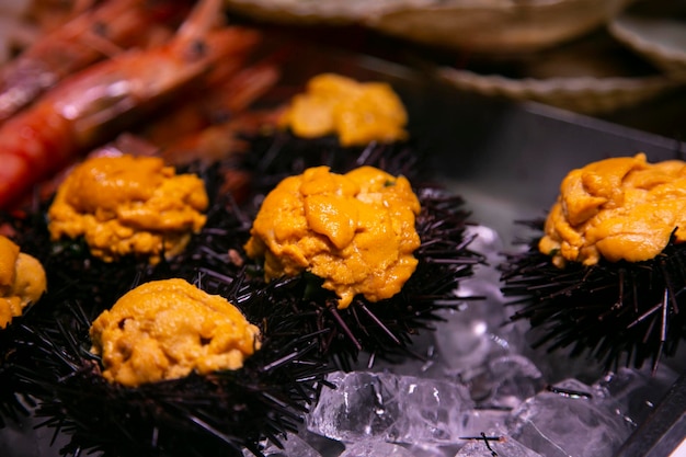 Uni frais dans une écurie du marché de poisson de Nishiki à Kyoto au Japon