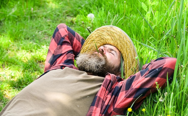 Uni avec la patrie La nature est ma maison Agriculteur barbu se reposer après une journée de travail Agriculteur se détendre sur l'herbe verte Concept d'écologie Vacances d'été Repos dans la campagne Environnement écologique Repos d'été