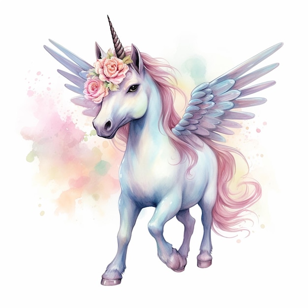 Unicorne avec des ailes et une couronne de fleurs sur sa tête