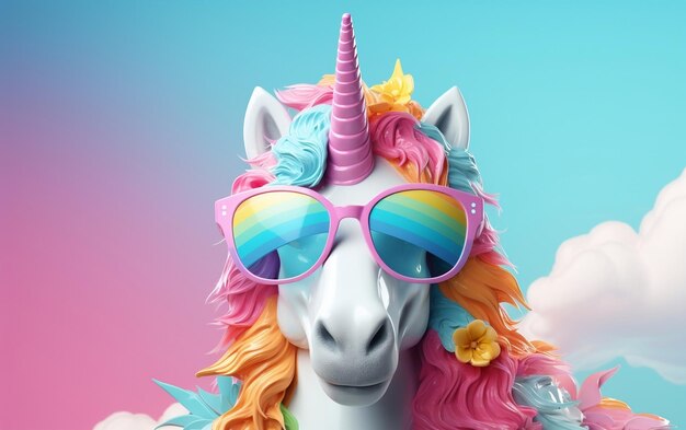 Unicorne cool avec des lunettes de soleil sur un fond solide AI générative