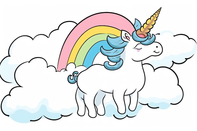 Unicorne de dessin animé avec un arc-en-ciel dans les nuages