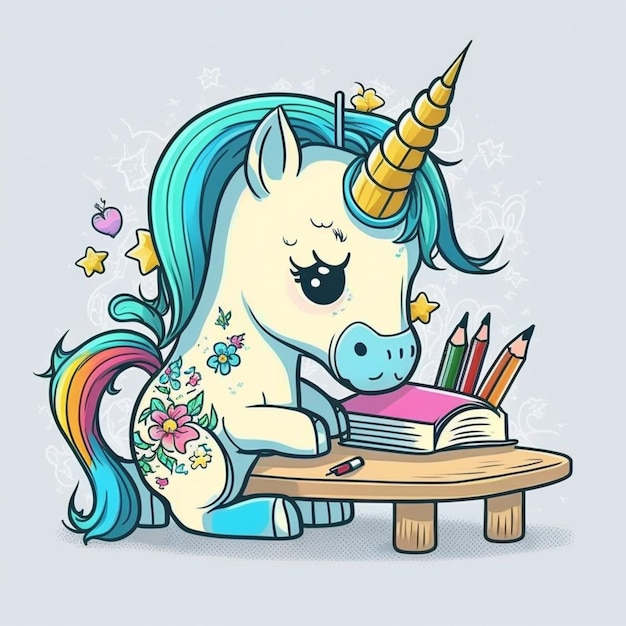 Photo unicorne de dessin animé écrivant un livre avec un crayon et un signet génératif ai