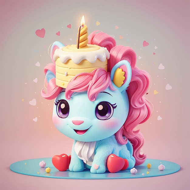 Photo unicorne mignon avec gâteau d'anniversaire iconne de dessin animé vectoriel illustration iconne d'alimentation animale concept isolé premium vector flat style de dessins animés