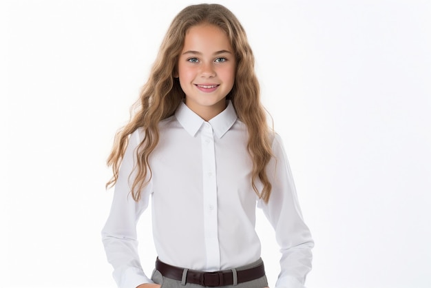 Photo uniforme de bureau décontracté fille adolescente adulte se tient devant un fond blanc