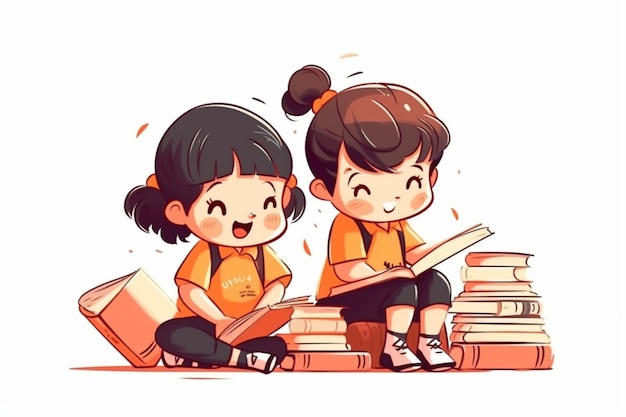 L'uniforme des étudiants des enfants se couche pour lire le dessin animé du livre de retour au logo de l'illustration de l'art de l'école