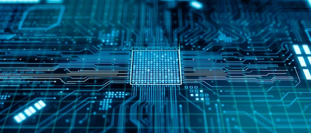 Unité centrale de traitement futuriste abstraite ou Microchip à l'intérieur de la carte mère de l'ordinateur, processeur d'informatique quantique moderne de rendu 3d, concept de technologie d'ingénierie matérielle CPU