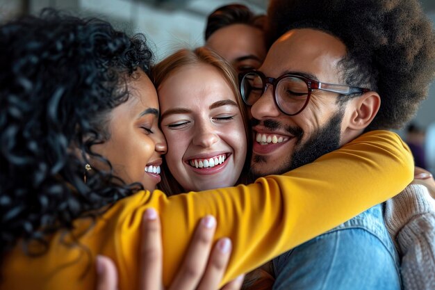Unité dans la diversité Gros plan d'un groupe d'amis solidaires s'embrassant dans un bureau moderne mettant l'accent sur l'inclusivité et la camaraderie