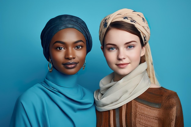 L'unité dans la diversité Portrait de deux jeunes femmes de cultures différentes sur un fond bleu