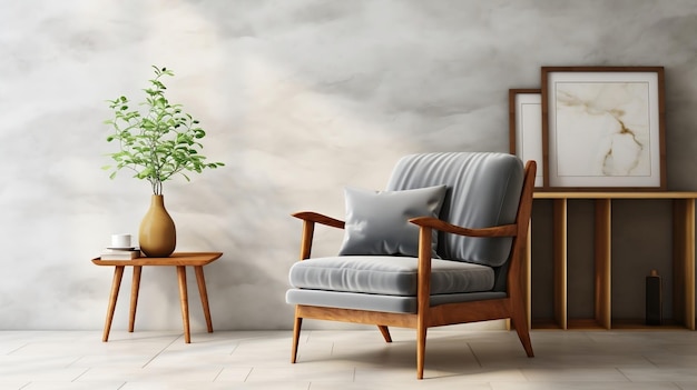 Unité d'étagère en bois et fauteuil gris conception intérieure du salon moderne