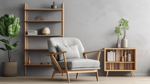 Unité d'étagère en bois et fauteuil gris Design intérieur de style scandinave du salon moderne