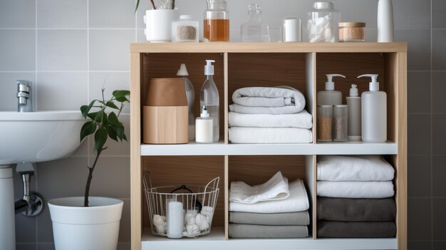 Unité d'étagère avec des vêtements dans la salle de bain à la maison objectif téléphoto lumière du jour blanc