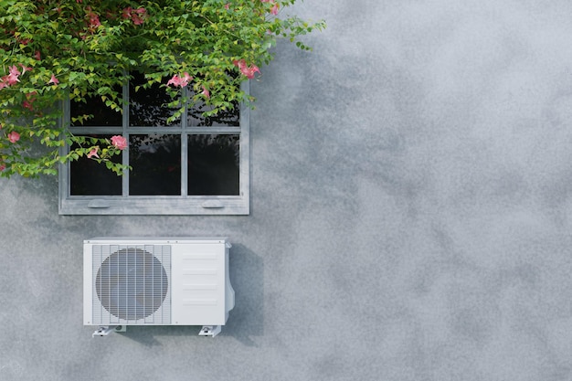 unité extérieure de climatiseur sur un mur gris avec une fenêtre 3d